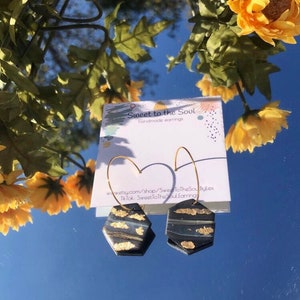 THE 1995 | black & gold marbled earrings | handmade polymer clay earrings | statement hoop earrings | gold leaf flake earrings | dangle hoop