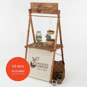 Servierstation VC-01-KF in Kaffeefarbe mit Frontblende und Sonnendachoptionen, wiederverwendbares Holzdisplay, Marktstand