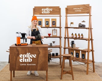 Set Dublin Cf: Market Fair Display Set Vc-03-Cf & Vs-03-Cf | Pop Up Shop | Shelving Unit, Check-Out Station And Bar Stool