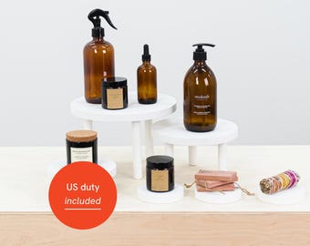 Set of 3 White Display Risers and 3 Wooden Coasters VAR-11-WT | Minimalist Display Stands for Products, Retail, Events