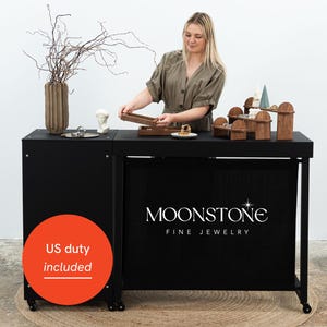 SET Vienna: Portable counter VC-06-w-bl and table VC-04-c-w-bl table in black color, checkout stand, tasting station