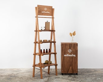 SET: Shelving VS-04 and check out stand VC-06-W in coffee color | Small spaces retail stands | Milimetry