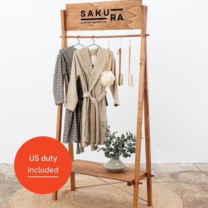 Portable wooden garment rack VR-02-CF with custom logo board | pop up store