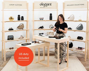 Modular Vendor Display Set: Natural Wood Tables and Shelving Units