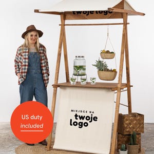 Serving station VC-01-CF in coffee color with front panel and sun canopy options, reusable wooden display, market stand