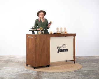 SET Vienna CF: Portable counter Vc-06-w-cf and table Vc-04-c-w-cf table in coffee color checkout station, tasting station