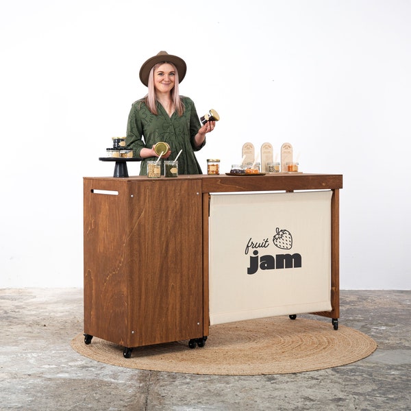 SET Vienna CF: Portable counter Vc-06-w-cf and table Vc-04-c-w-cf table in coffee color checkout station, tasting station