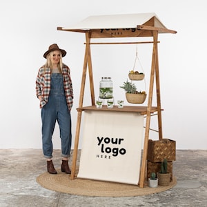 Station de service VC-01-CF couleur café avec options de panneau avant et de pare-soleil, présentoir en bois réutilisable, support de marché