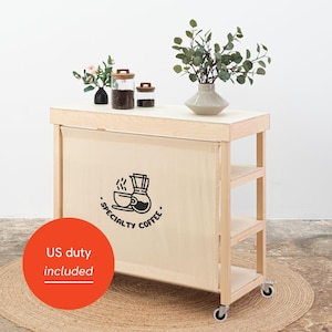 Portable Plywood Vendor Table, Branded Panel, Shelves, Wheels