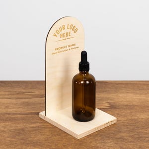 personalized wooden product display stand with engraved logo