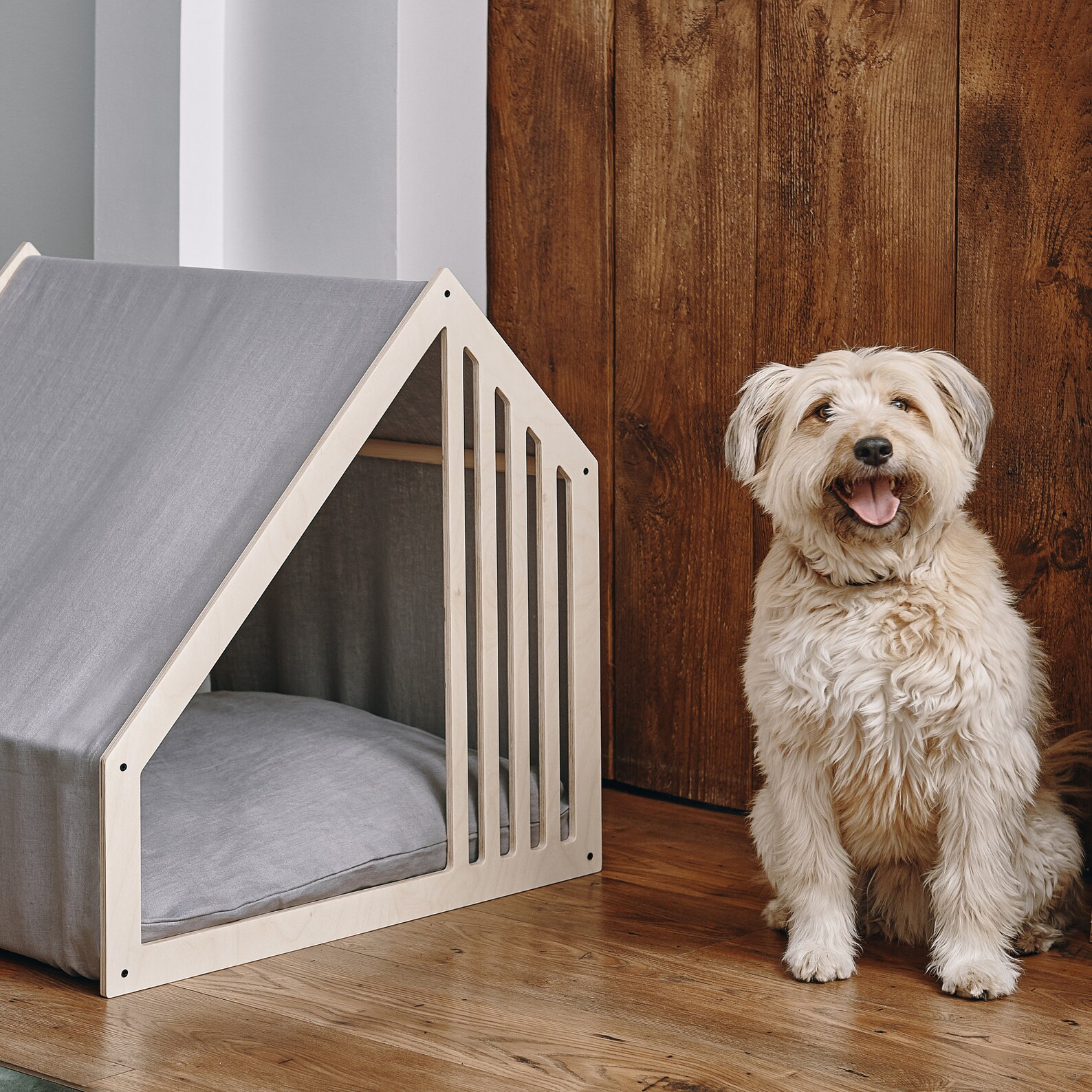 Wooden dog bed with natural 100 linen pillow and roof Etsy