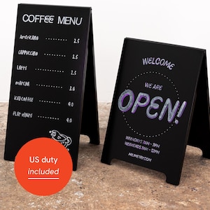 Outdoor personalized board, metal a-frame, for restaurants, shops, events | Black color