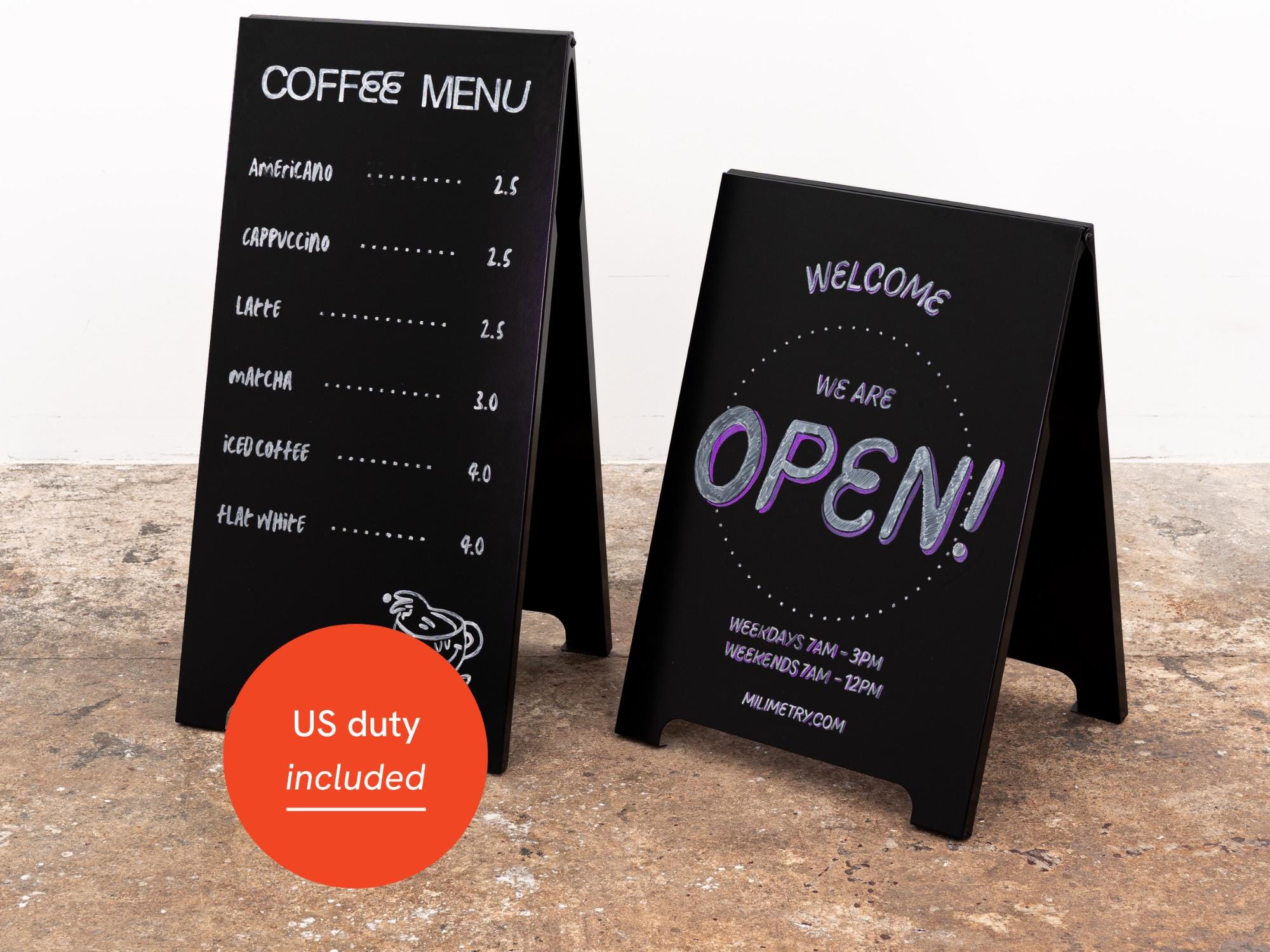 Outdoor personalized board, metal a-frame, for restaurants, shops, events | Black color