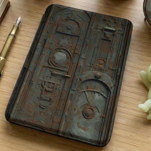 May include: A rectangular, steampunk-style tablet case with a weathered, metallic appearance. The case features a detailed design with rivets, circular elements, and a rusty, aged finish. The color palette includes shades of gray, brown, and rust.