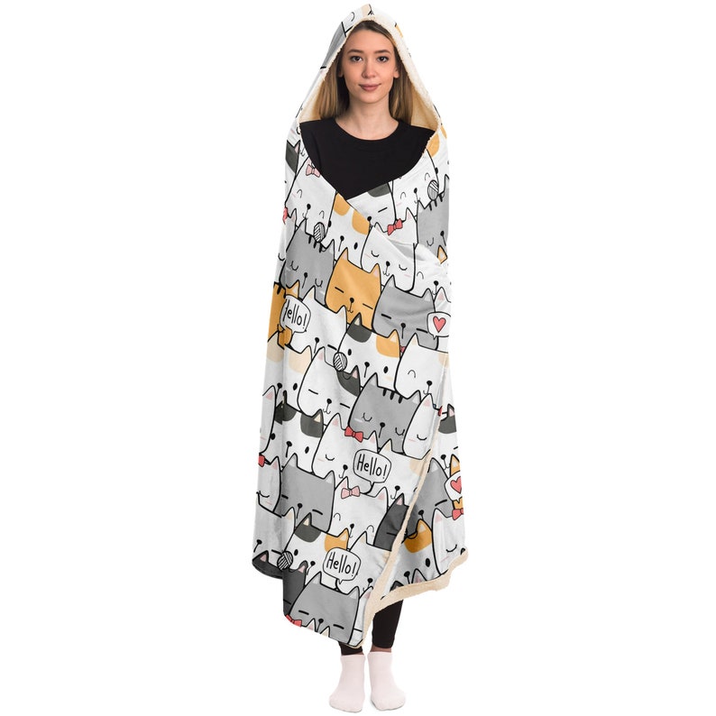 Hooded Blanket Wearable Fleece Hoodie Blanket Cute Cats Etsy