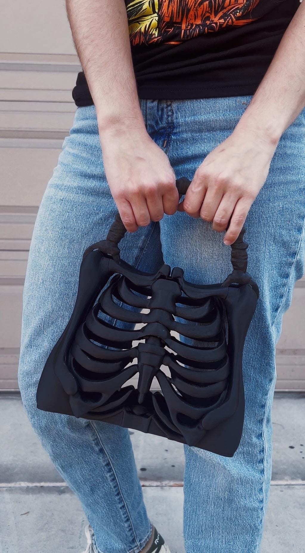 デニムボーンバッグ　skeleton printed shoulderbag 3D Printed Skeleton Bone Bag - Gothic - Halloween Bone Purse