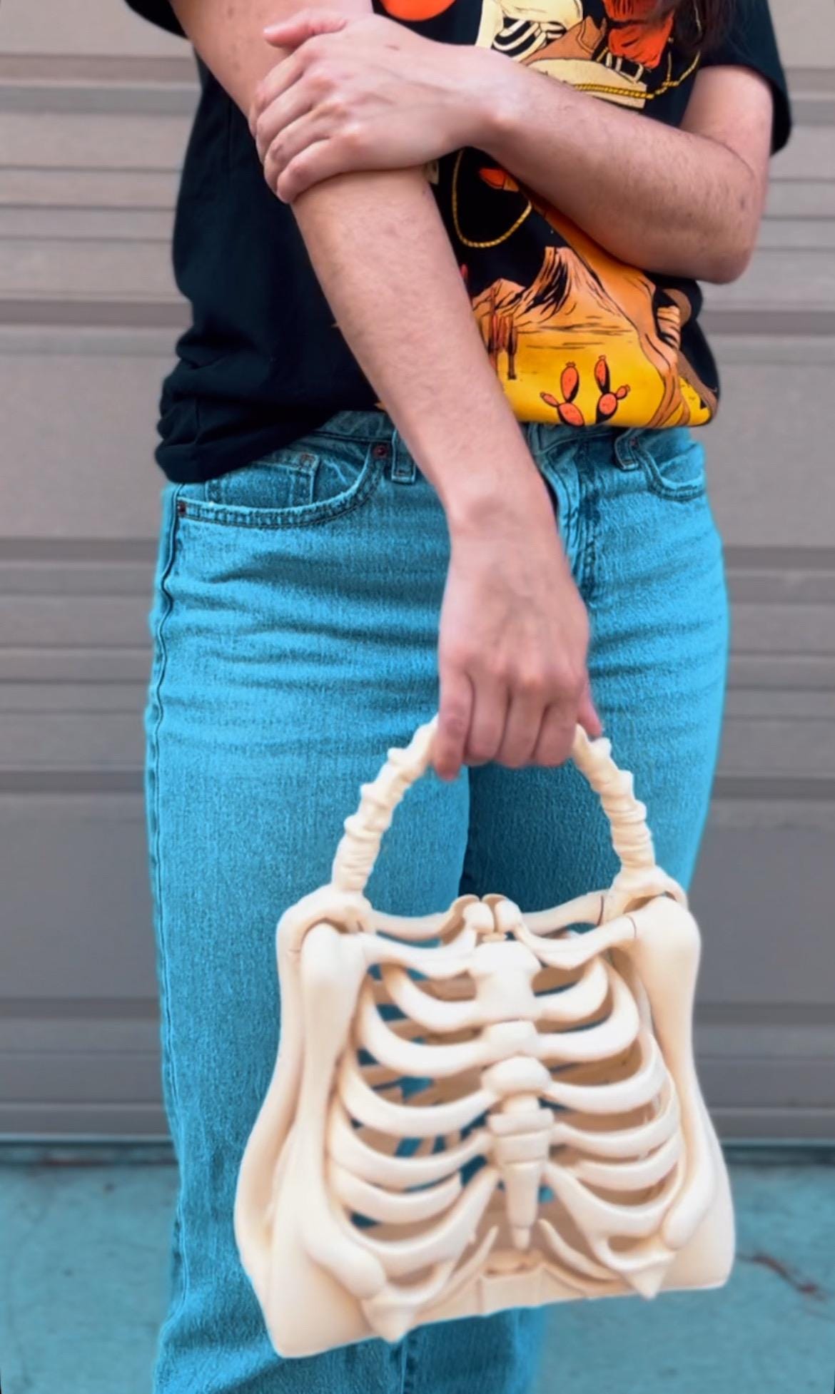 デニムボーンバッグ　skeleton printed shoulderbag 3D Printed Skeleton Bone Bag - Gothic - Halloween Bone Purse