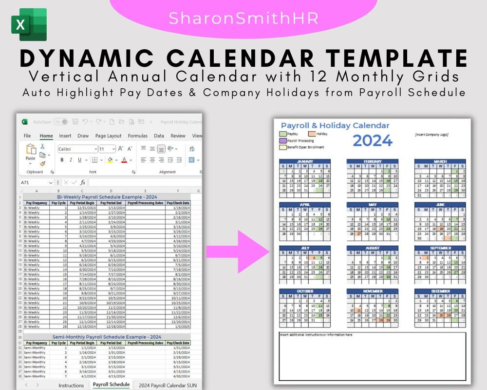 Calendar Template Excel Annual Payroll Calendar 2024 Etsy