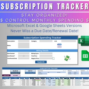 Könnte beinhalten: Eine blaue und weiße digitale Tabellenvorlage zum Verfolgen von Abonnements. Die Vorlage enthält Felder für den Abonnementnamen, die Kategorie, den Link, das Startdatum, die automatische Verlängerung, das Ende der Testphase, den Abrechnungszyklus, den Testpreis und den regulären Preis. Die Vorlage enthält außerdem eine Schaltfläche zum Absenden und ein Kalendersymbol. Der Text "Subscription Spending Tracker" befindet sich oben auf der Vorlage. Der Text "STAY ORGANIZED! $ CONTROL MONTHLY SPENDING $" befindet sich unter dem Titel der Vorlage. Der Text "Microsoft Excel & Google Sheets Versions" befindet sich unter dem Text "$ CONTROL MONTHLY SPENDING $". Der Text "Never Miss a Due Date/Renewal Date!" befindet sich unter dem Text "Microsoft Excel & Google Sheets Versions".