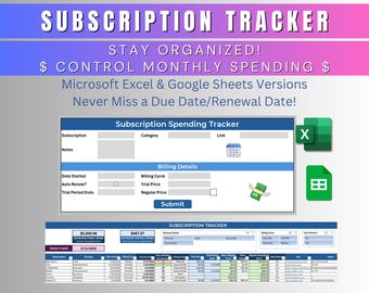 Monthly Subscription Tracker Template | Excel & Google Sheets | Track Your Spending | Manage Subscriptions | Never Miss a Due Date