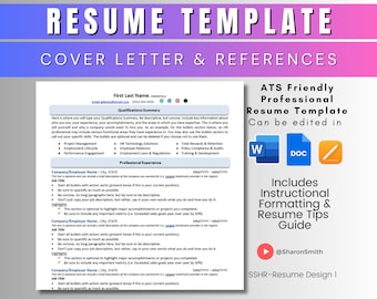 May include: A pink and purple background with a white resume template. The template is titled "Resume Template" and includes a cover letter and references section. The template is ATS friendly and includes instructional formatting and resume tips. The template is editable in Word, Doc, and can be edited with a pencil icon. The template includes a qualifications summary, professional experience, and a section for including any important metrics. The template is designed by @SharonSmith and is called SSHR-Resume Design 1.