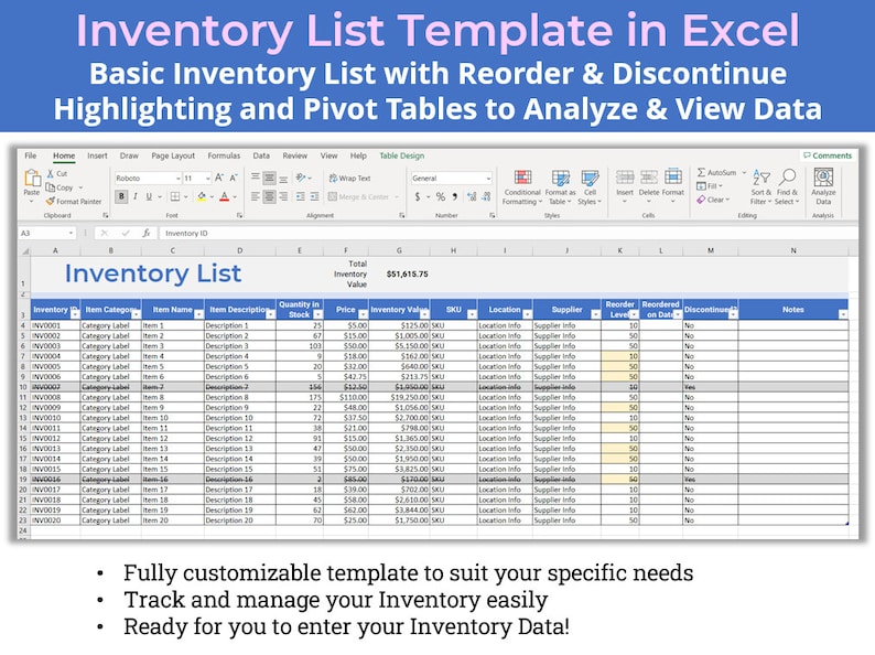 Inventory List Template in Excel Manage & Track Inventory Etsy