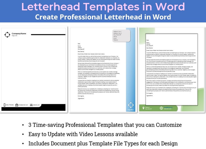Professional Letterhead Templates in Microsoft Word - Set of 3 ...