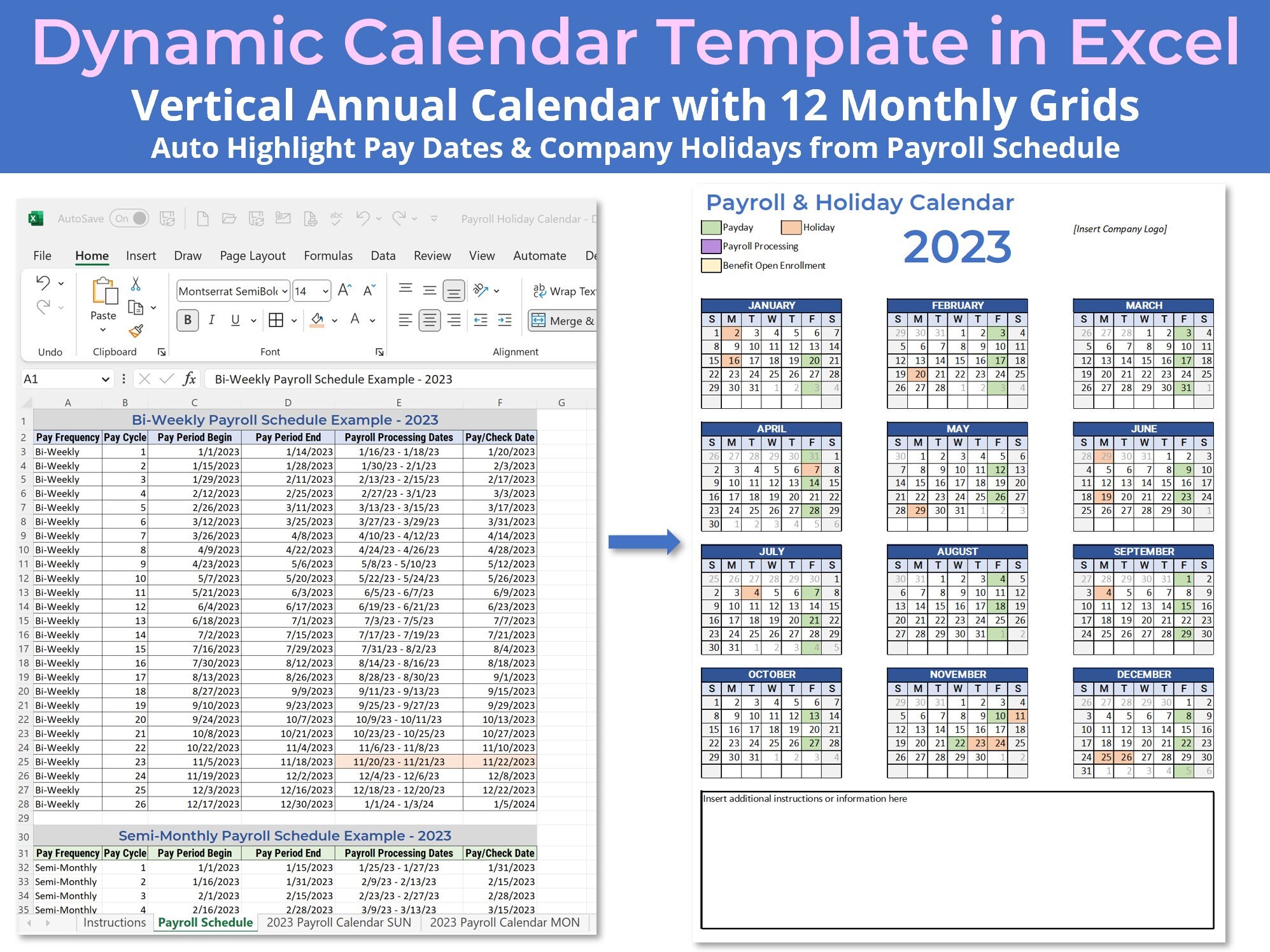 Calendar Template Excel Annual Payroll Calendar 2023 Etsy