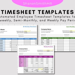 Puede incluir: Tres plantillas de hojas de tiempo diferentes para períodos de pago quincenales, semimensuales y semanales. Cada plantilla incluye campos para el nombre del empleado, las fechas de inicio y fin del período de pago y las horas trabajadas diariamente. Las plantillas están diseñadas para el seguimiento automatizado de las hojas de tiempo de los empleados.
