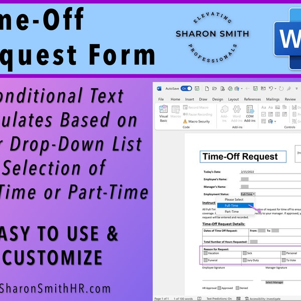 Time-Off Anfrage-Form - Automatischer Text verknüpft mit Dropdown-Listenauswahl (MS Word)