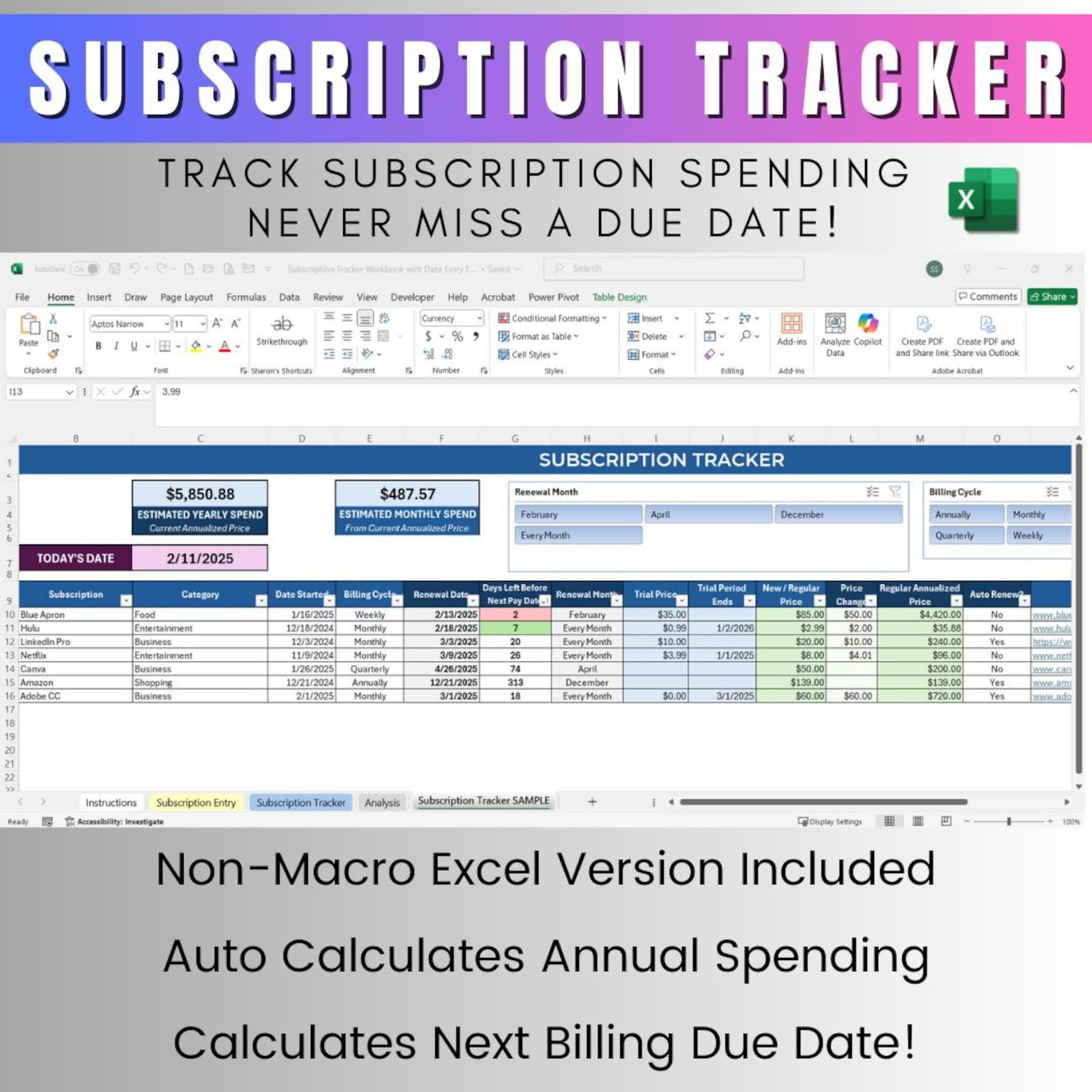 Monthly Subscription Tracker Template | Excel & Google Sheets | Track ...