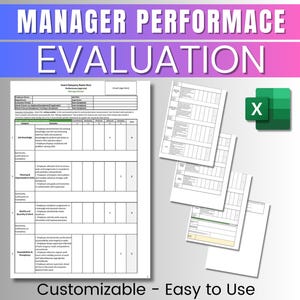 May include: A black and white printable manager performance evaluation form with the title "Manager Performance Evaluation" in a green and pink banner at the top. The form is customizable and easy to use. The image also includes a green Microsoft Excel icon.