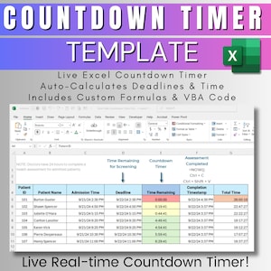Könnte beinhalten: Ein Screenshot einer Microsoft Excel-Tabelle mit einer Countdown-Timer-Vorlage. Die Tabelle enthält Spalten für Patienten-ID, Patientenname, Aufnahmezeit, Frist, verbleibende Zeit, Abschlusszeitstempel und Gesamtzeit. Die Tabelle ist so konzipiert, dass sie Fristen und verbleibende Zeit automatisch berechnet und benutzerdefinierte Formeln und VBA-Code enthält.
