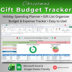 May include: A digital Christmas Gift Budget Tracker spreadsheet, featuring a green and white design. The spreadsheet includes sections for holiday spending, gift lists, and budget tracking. The image also includes the text "Holiday Spending Planner" and "Easy to Use!"