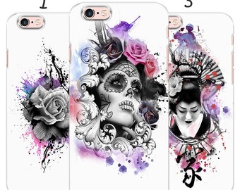 Watercolor Sugar Skulls Geisha Rose phone case, phone cover