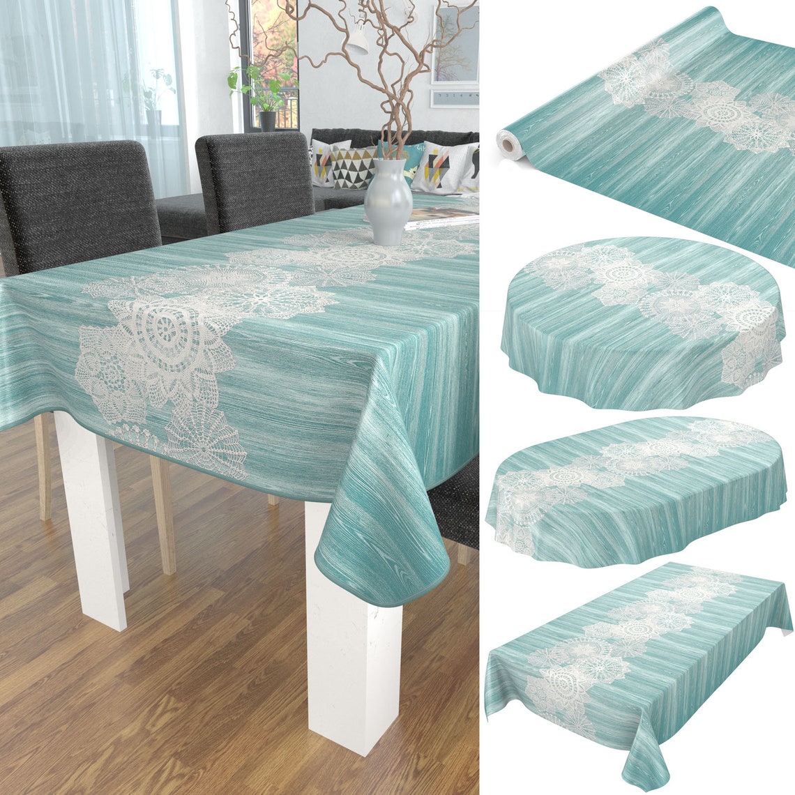 Tablecloth Washable Wax Cloth Wood Crochet Tip Center Etsy UK