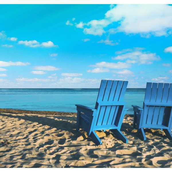 Beach Bliss Cute Ocean Print, Beautiful Blue Sky Landscape Sand Artwork, Surfer Vibe Scenery Photo Digital Download Art 35x34 inch max res