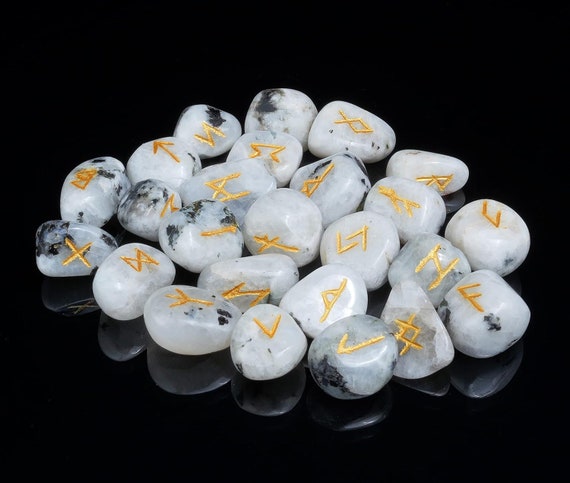 Rainbow Moonstone Rune Set | 25 pcs Engraved Moonstone Tumbled Rune Stones | Crystal Rune Set | Viking Runes