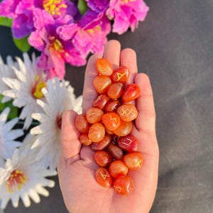 May include: A collection of orange-red rune stones, each inscribed with gold symbols. The stones are held in a hand, and the background features purple and white flowers. The stones have a smooth, polished finish.