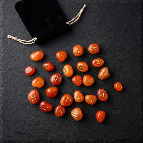 Carnelian Rune Set Elder Futhark - Engraved Crystal Runes with Black Velvet Pouch, Divination Set, Spiritual Gift