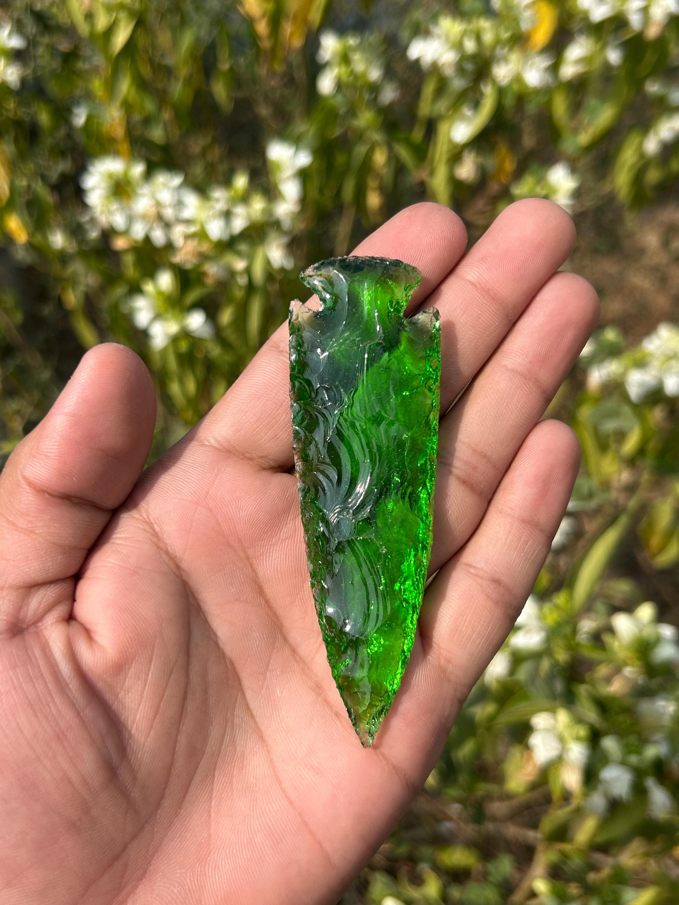 4" Inch Green Obsidian Arrowhead | Handmade Spearhead Point | Flint Knapped Knife | | Crystal Collectible | Boho Decor | Unique Men's Gift