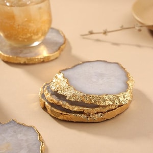 White Agate Coasters Gold Edge - Natural Crystal Drink Coaster Set, Wedding & Housewarming Gift, Luxury Home Décor