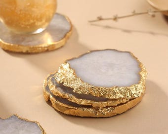 White Agate Coasters Gold Edge - Natural Crystal Drink Coaster Set, Wedding & Housewarming Gift, Luxury Home Décor