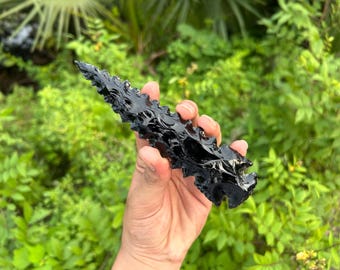 6" Black Obsidian Arrowhead: Hand-Knapped Crystal Spearhead