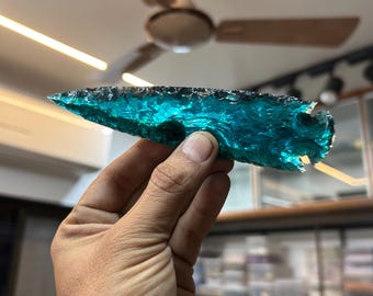 6" Large Aqua Obsidian Spearhead, Crystal Metaphysical Glass Crescent Arrowhead Shape Gemstone for Jewelry Making