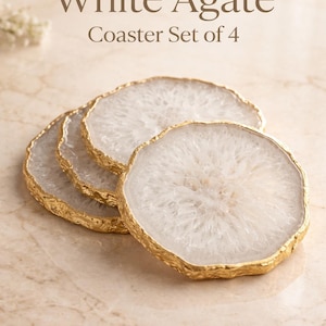Natural White Agate Coaster with Gold Edge - Crystal Slice Coaster, Luxury Home Decor, Coffee Table Decor, Housewarming Gift