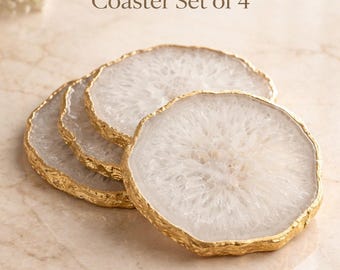 Sottobicchiere in agata bianca naturale con bordo dorato - Sottobicchiere a forma di fetta di cristallo, decorazione di lusso per la casa, decorazione per tavolino da caffè, regalo per l'inaugurazione della casa