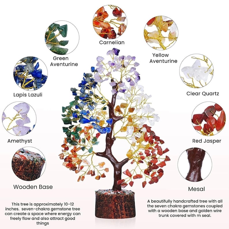 Peut inclure: Un arbre de sept chakras en pierres pr&eacute;cieuses avec une base en bois et un tronc en fil dor&eacute;. L'arbre est d&eacute;cor&eacute; de pierres pr&eacute;cieuses d'am&eacute;thyste, de lapis-lazuli, d'aventurine verte, de cornaline, d'aventurine jaune, de quartz clair et de jaspe rouge. Cet arbre mesure environ 25 &agrave; 30 cm de haut.