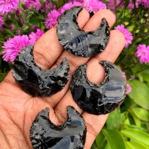 Obsidian Moon Crystal, Crescent Healing Stone, Metaphysical Quartz Carving, Black Gemstone Moon for Jewelry Making, Witchy Crystal Decor