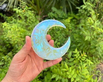 Angel Aura Quartz Moon | Iridescent Rainbow Crystal for Spiritual Healing & Home Decor